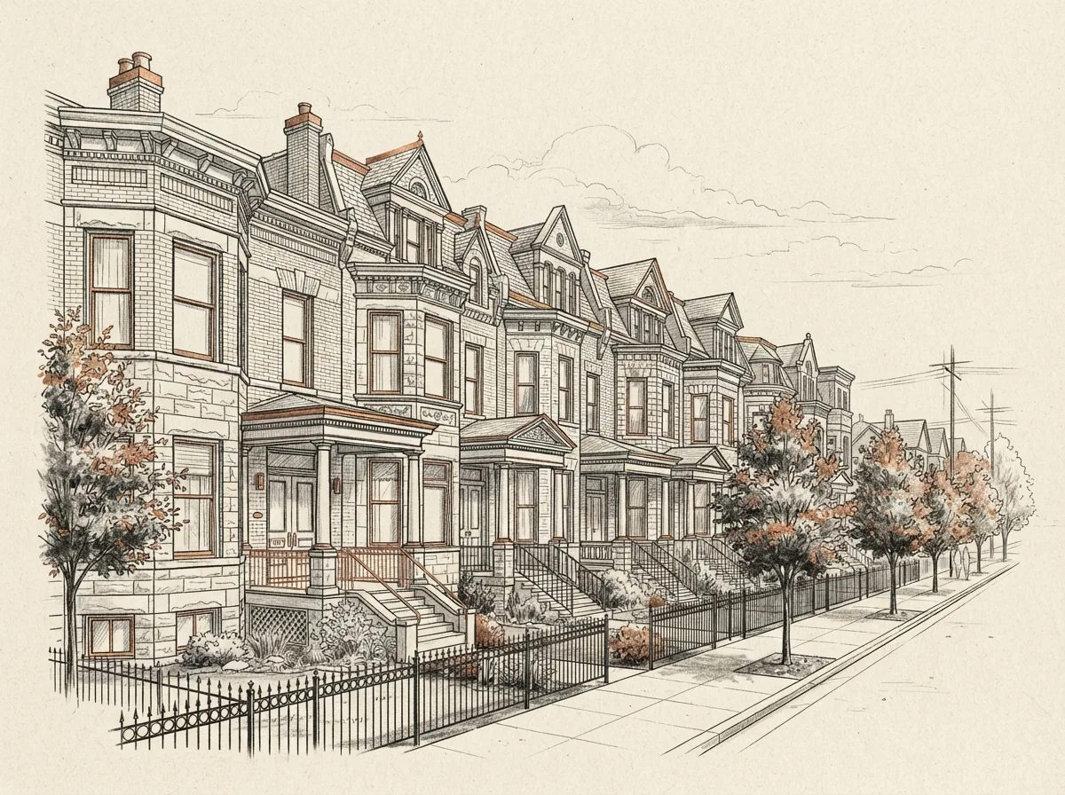 Line illustration of Denver row houses with copper-coloured rooflines